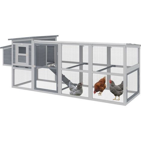 Hühnerstall Hühnerhaus für 3-4 Hühner mit Auslauf Nistkasten Asphaltdach Oxford-Abdeckung Auszugsschublade 264x82x89cm Grau