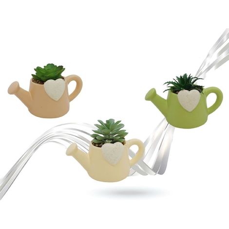 TrAdE Shop Traesio - Vaso A Forma Di Innaffiatoio Con Cuore In Ceramica Con Piantina Grassa Artificiale 9013144 - (1/2)