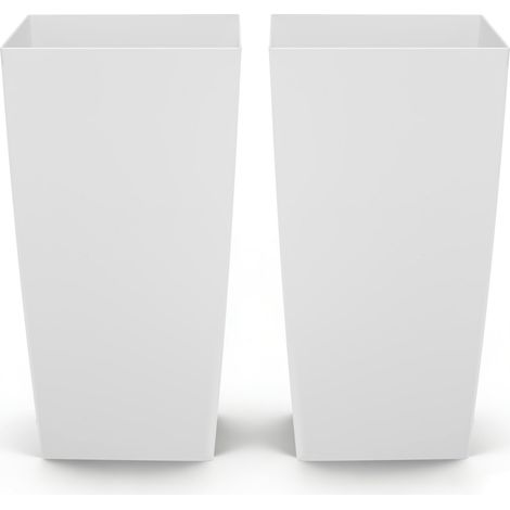 Jardinière Haute Lot de 2 Pot de Fleur Haut 75 cm pour Plantes Intérieur Extérieur Entrée Terrasse Jardin, avec Trous Drainage, Roulettes, Style Moderne en Plastique, Forme Carrée Conique, Blanc (1/5)