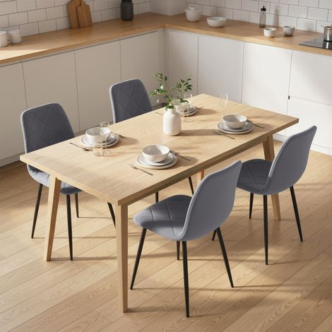 Ensemble de 4 chaises de salle à manger avec dossier, aspect velours, rembourrées et dotées de pieds en métal, pour table à manger, grises. (1/5)
