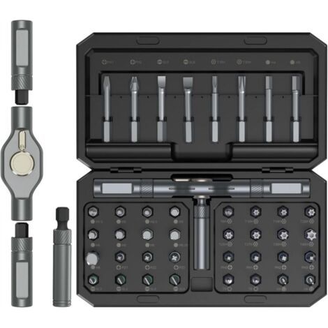 1 jeu (16,6 x 9,45 x 3,95 cm) de tournevis multi-embouts magnétiques de précision 42 en 1 noir avec 40 embouts et une poignée à cliquet amovible en forme de T (1/4)