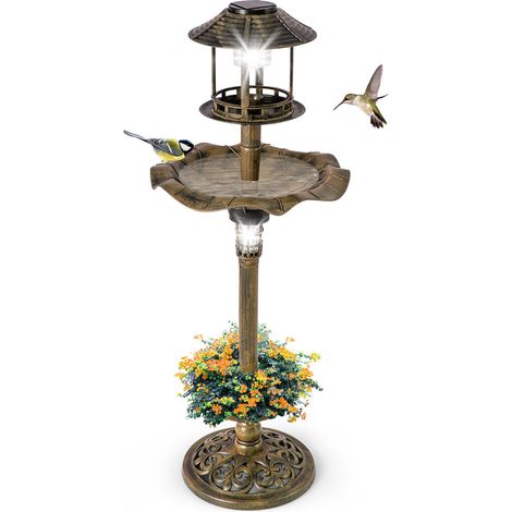 COSTWAY Solar Outdoor Bird Bath Antique Lighted Birdbath & Feeder Combo Decoration (1/5)