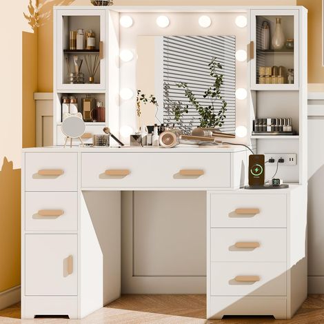 Schminktisch mit Spiegel und Beleuchtung, integrierter Ladestation, weißer Schminktisch mit 3 LED-Beleuchtungsmodi, Make-up-Tisch mit 7 Schubladen und 3 Schränken für das Schlafzimmer