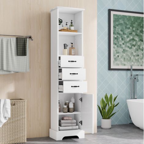 Mobile bagno a colonna in MDF bianco 38 cm con 3 cassetti e ripiani regolabili (1/5)