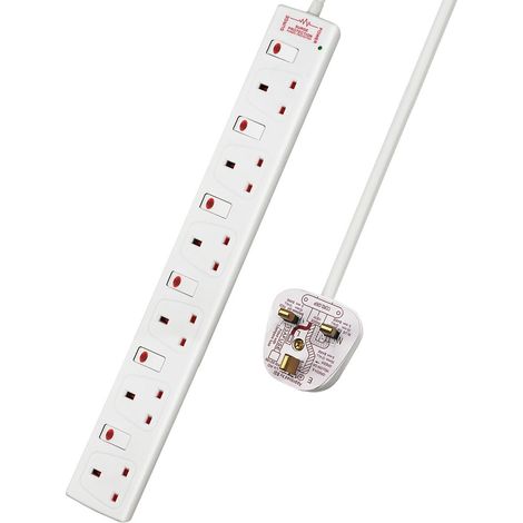 6 Way Socket with Cable 1M, White, with indicate Light, Individually Switched Sockets, Child-Resistant Sockets, Surge Indicator