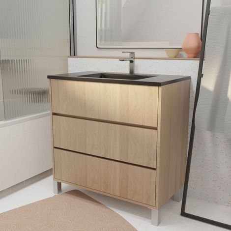 Mueble de baño 80 cm 3 Cajones Roble Claro + Lavabo de Cerámica Negra