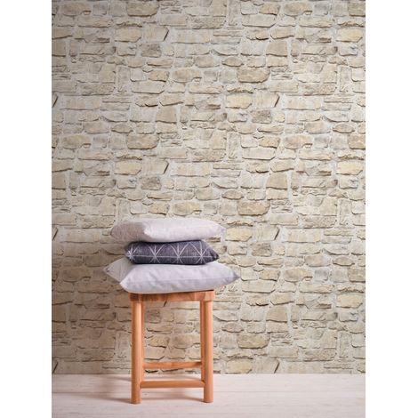 A.S. Creations – Papier peint vinyle beige trompe l'oeil – Motif pierre – Lessivable et brossable – Raccord sauté – 230g/m²