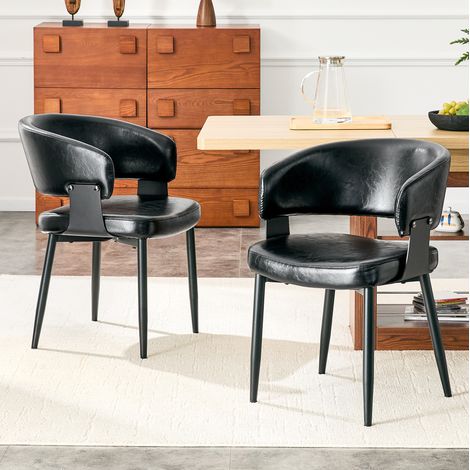 Lot de 2 chaises de salle à manger avec accoudoirs, dossier bicolore, style rétro, PU noir, pieds métal (1/5)