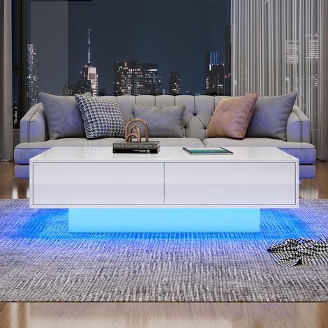 Table basse moderne laquée blanc, 115 x 55 x 34 cm, avec 2 tiroirs, éclairage LED et capacité de charge de 30 kg – Élégante table de salon (1/5)