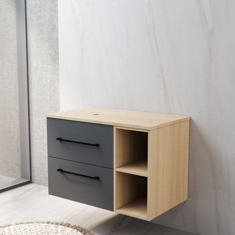 Mobile bagno a due cassetti 79cm senza lavabo, sospeso, finitura rovere, con ripiani aperti (1/5)
