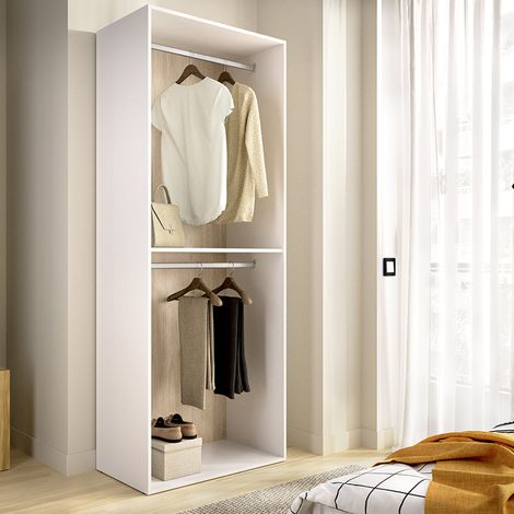 Großer Kleiderschrank Ashebrook, Schlafzimmer-Schrank mit Einlegeboden, Kleiderstange und Schubladen, 45x205h cm Weiß (1/5)