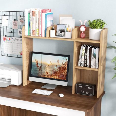 Costway – Bibliothèque enfant sur bureau 94 x 25 x 74 cm – 3 étagères et 2 compartiments – Supporte écran jusqu'à 27" – 45 kg max – Panneau de particules naturel (1/5)