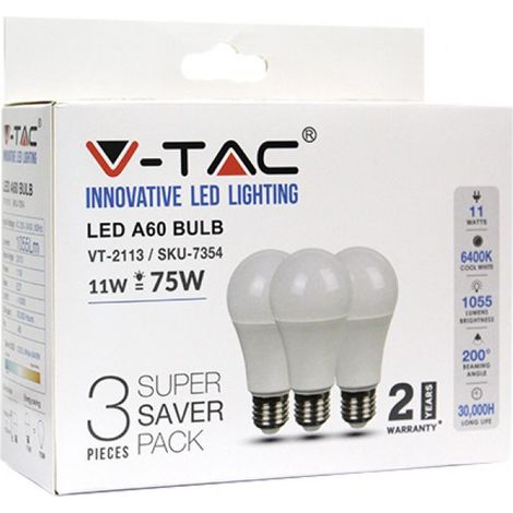 KIT SUPER SAVER PACK V-TAC 3PCS/PACK AMPOULE LED SMD A60 11W E27 VT-2113 - SKU 7354 Blanc forid 6400K (1/5)