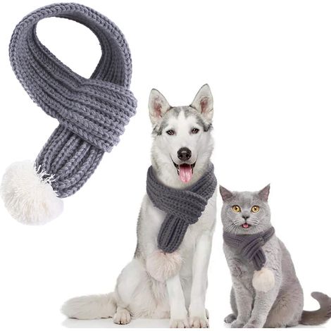 Écharpe tricotée pour chien avec pompon blanc, bandana chaud, accessoires d'hiver pour animaux de compagnie, écharpes pour chat (gris)////
