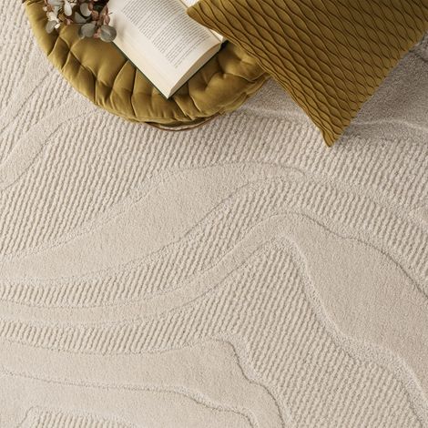 Wohnzimmer Teppich Esszimmer Kurzflor Japandi Skandinavisch Boho Abstrakt Uni 3D 80 cm x 250 cm x 18 mm Creme Rechteckig (1/3)