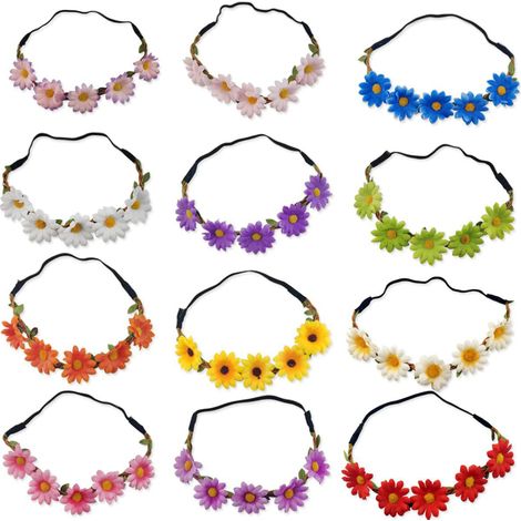 Corona de margaritas (juego de 12): accesorio para el cabello de estilo bohemio para la playa y fiestas de verano (para mujeres y niñas).