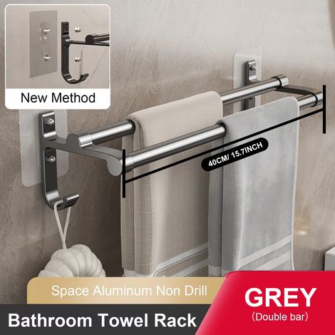 Porte-serviettes mural (gris, 40 cm) pour salle de bain, sans perçage, double barre en aluminium à 2 niveaux (1/5)