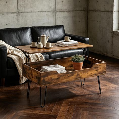 Table basse rectangulaire en bois avec grand espace de rangement caché, hauteur réglable (1/5)