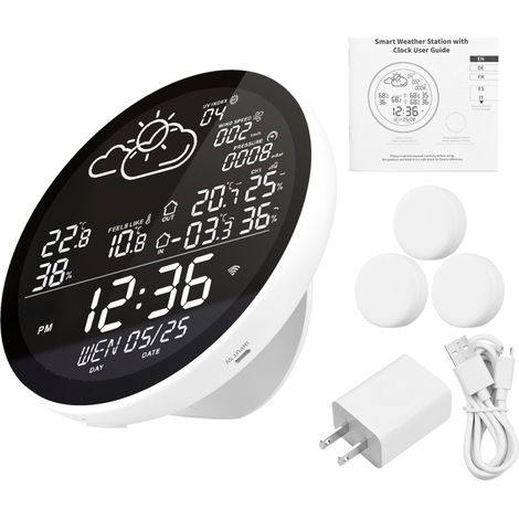 Irovami Station météo intelligente avec horloge, thermomètre et hygromètre intérieur et extérieur, grand écran couleur multifonctionnel, indicateur de température et d'humidité avec 3 capteurs. (1/5)