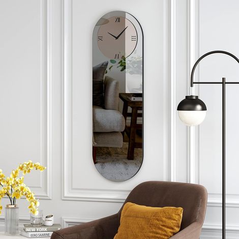 39in x 14in Modern Glam Mirrored Oval Wall Clock - Oversized Decorative Mirror Clock with Roman Numerals for Living Room, Bedroom, Home Accent (1/5)