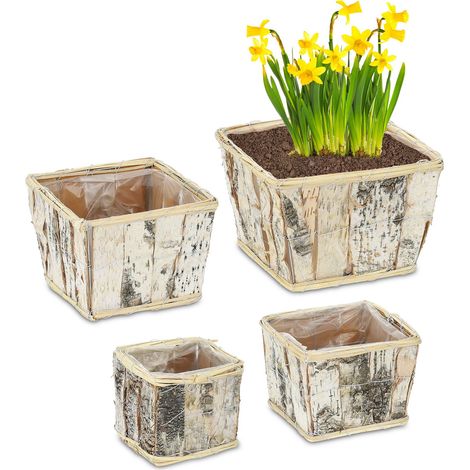 Relaxdays Vasi per Fiori, 4 Diverse Misure, Fioriere Quadrate con Corteccia di Betulla e Rivestimento, Bianco Naturale