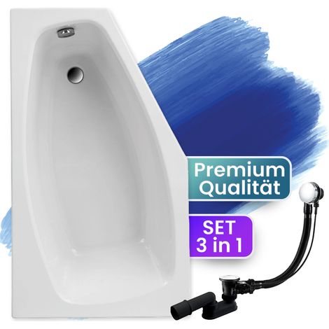 Badewanne Eckbadewanne 140x80 Links, Ablaufgarnitur & Füßen GRATIS - Komplettset 3in1 Original Acryl Wanne Premium Siphon - BADLAND MARIKA (1/5)