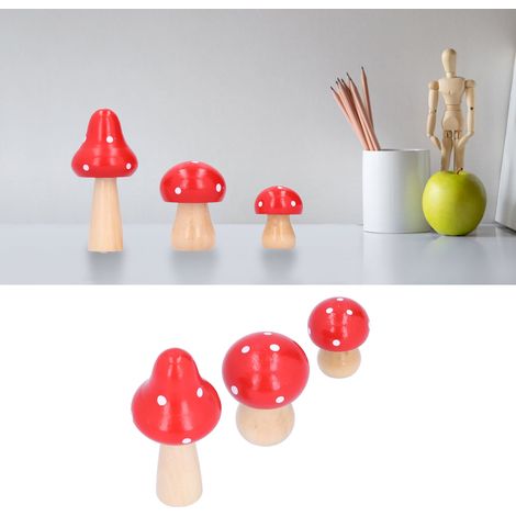Set mit 3 originellen und niedlichen, roten Holzpilzen als Dekoration für Zuhause oder Büro. (1/5)