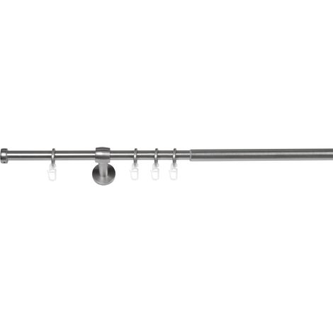 ondeco Gardinenstange ausziehbar 1-lauf, Vorhangstange Fenster Wand-Deckenmontage, Endstück Cap Komplettgarnitur Teleskopstange 16/19 mm mit Ringen - Edelstahl-Optik - 120-210 cm