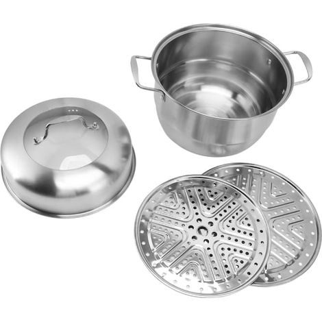 Oala de aburi din otel inoxidabil, 33cm, cu capac din sticla, design stivuibil, pentru gatit si aburire (1/5)