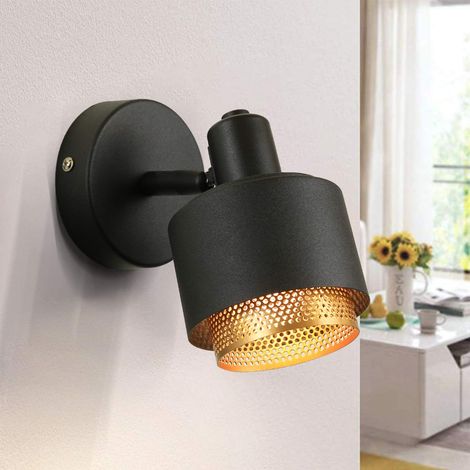 ZMH Applique murale Vintage en acier à 1 flamme avec spot rotatif et pivotant, spot mural rétro au design industriel spot mural E14 en métal noir et or, 1 x E14 max. 60W, sans lampe