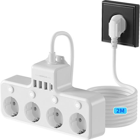 Prise Multiple Murale avec USB C, Multiprise 4 Prises Parafoudre et Surtension avec Interrupteur Individuel, Multi Prise Plate Murale, Bloc Multiprise pour Bureau de Cuisine (1/5)