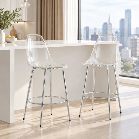 Lot de 2 tabourets de bar transparents, assise 66 cm, pieds métal argenté HAVRYA (1/5)