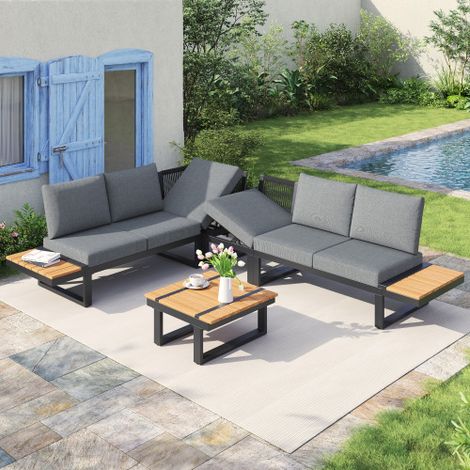 Gartenmöbel-Set, umbaubar 2 Relaxbetten, Eckposition, mit verstellbarer Kippfunktion (5-stufig, bis 55°), verzinktes Stahlrohr, Tischplatte Kunststoff-Holz, mit Couchtisch, mit Ablageflächen, grau
