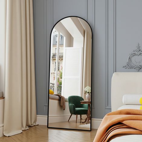 Miroir sur pied, Grand Miroir pleine longueur, 165x60 cm, trempé haute définition, cadre alliage d'aluminium, couche protectrice incassable - noir (1/5)