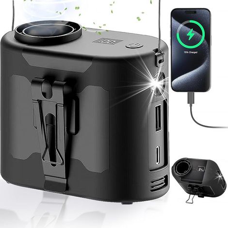 Tragbarer Ventilator, 1000-mAh-Akku, hohe Leistung, lange Akkulaufzeit, wiederaufladbar, ideal für Campingausflüge, kann an Hüfte, Hals oder Hand getragen werden, 5 Geschwindigkeitsstufen, Akkulaufzei (1/5)