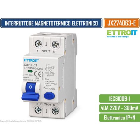 ETTROIT JX274063-E INTERRUTTORE MAGNETOTERMICO DIFFERENZIALE SALVAVITA ELETTRONICO RCBO 1P+N 40A C40 300MA 6KA 240V 2 MODULI DIN (1/4)