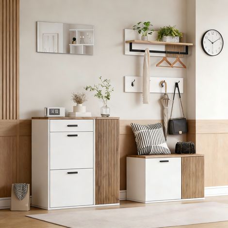 Set da ingresso composto da 5 pezzi: scarpiera, panca, specchio, mensola e pannello a parete, bianco e legno (1/5)