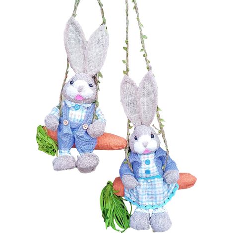 2 Strohhalm-Schaukelhasen (35 cm), niedliche, detailgetreue und lebensechte Dekorationen für Haus, Garten und Hof, blau-kariert (1/2)
