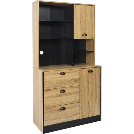 Buffet de cuisine Chef – Hauteur 169 cm – Bois brut et noir – 3 tiroirs et 5 niches de rangement – Passe-fil intégré – Toilinux