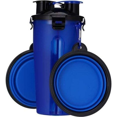 Hunde-Wasserflasche mit 2 zusammenklappbaren Näpfen, tragbare 2-in-1-Wasserflasche und Futterbehälter für Hunde, Katzen, Haustiere, Reiseflasche zum Spazierengehen, Trainieren, Wandern, Camping (blau)