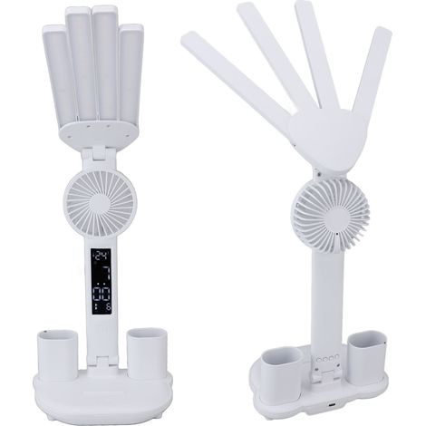 Lampe de bureau LED avec ventilateur, porte-stylo, commande tactile à quatre têtes, intensité lumineuse réglable, lampe de table pliable pour étudier, lire, manucure et réparation (1/5)