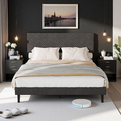 Cama doble - 160x200 Gris lino capitoné - Cabecera capitoné de terciopelo - Somier de listones de madera - Estructura de metal 250kg