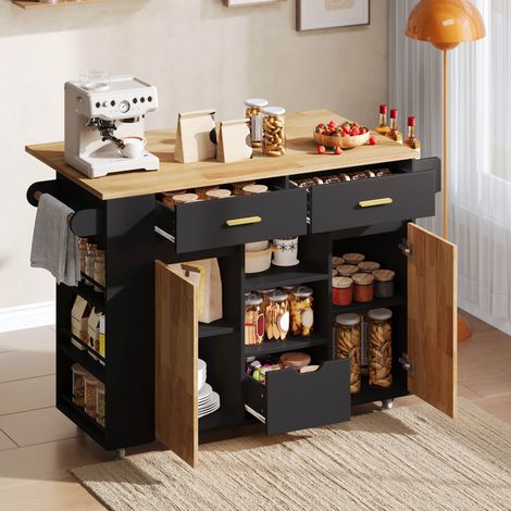 Mobile cucina su ruote con piano ribaltabile, 3 cassetti, 3 portaspezie, nero HAVRYA (1/5)