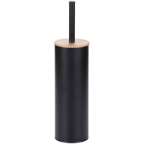 Brosse WC en métal avec couvercle en bambou – Noir – Élégante, 500 g, manche confortable, poils denses, couvercle en bambou pour une utilisation facile