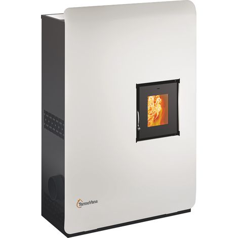 Poêle à granulés hermétique – Modèle BIOOWAWE 8.0 plus – Blanc – Profondeur 26 cm – Brûleur acier inoxydable et fonte – Sortie de fumée supérieure latérale SX