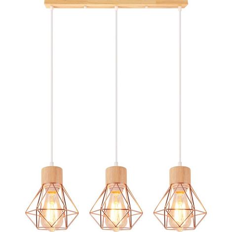 Lampe À Suspension Vintage Suspension Luminaire Rétro 3 Lumières Plafonnier D'Intérieur Moderne En Métal Et En Bois Or Rose (1/5)