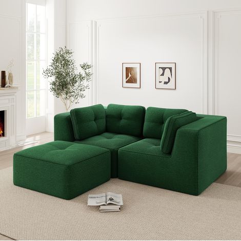 Ecksofa Cord Grün modular, rahmenloses L-Form Sofa mit beweglichem Hocker (1/5)