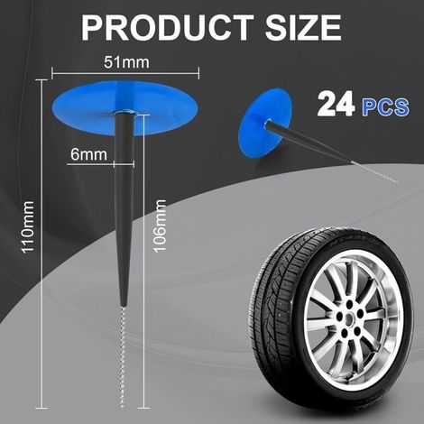 24 Pcs Kit Reparation Pneu Voiture. Champignon en Caoutchouc Rustine Pneu. Tige Enveloppée 6mm x 51mm. Meche Pneu Crevaison Réparation Pneu Voiture sans Chambre à Air. pour Voiture Moto Velo