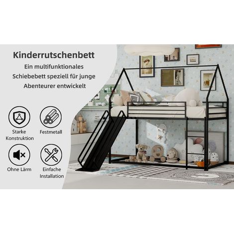 Les lits superposés mesurent 90190 cm. Le lit pour enfant est doté d’un toboggan. Le cadre de lit en forme de maison avec échelle ne nécessite pas de sommier et est facile à assembler. (1/5)