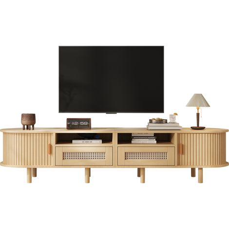Meuble TV ovale 170 x 40 x 40 cm avec 2 tiroirs design rotin et 2 portes coulissantes, lowboard pour téléviseurs jusqu’à 70 pouces, finition bois (1/5)
